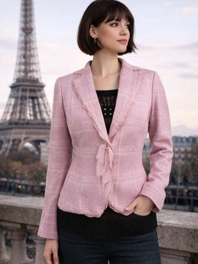 Pink Tweed Blazer Jacket NWT Paris Chic Bow Detail Feminine Tailored Size 6